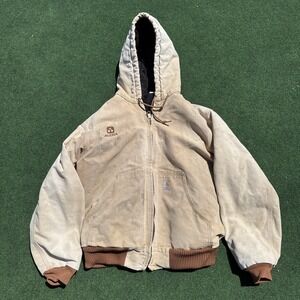 Mens Carhartt Washed Duck Canvas Hoodie Jacket Large Tan